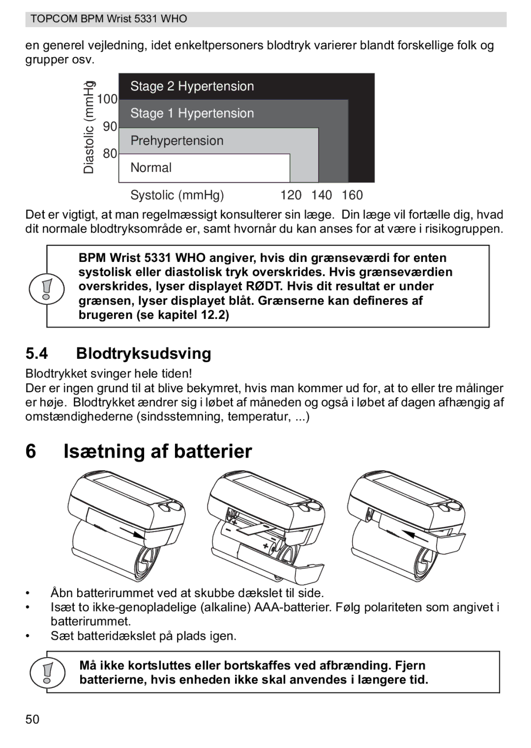 Topcom 5331 WHO manual Isætning af batterier, Blodtryksudsving 