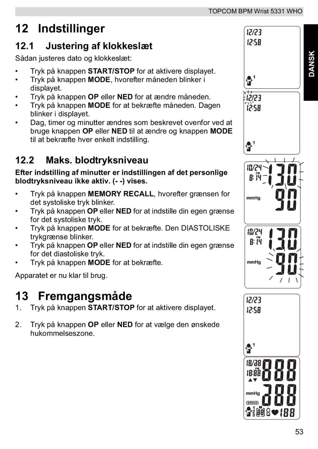 Topcom 5331 WHO manual Indstillinger, Fremgangsmåde, Justering af klokkeslæt, Maks. blodtryksniveau 