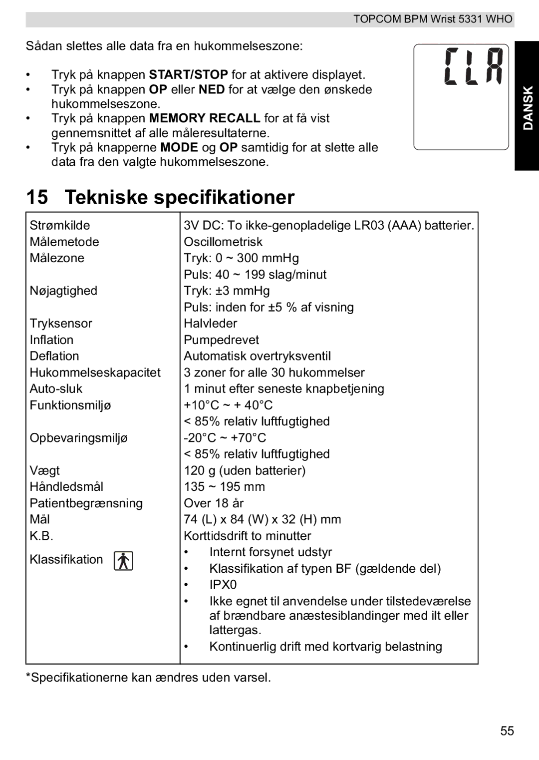 Topcom 5331 WHO manual Tekniske specifikationer 