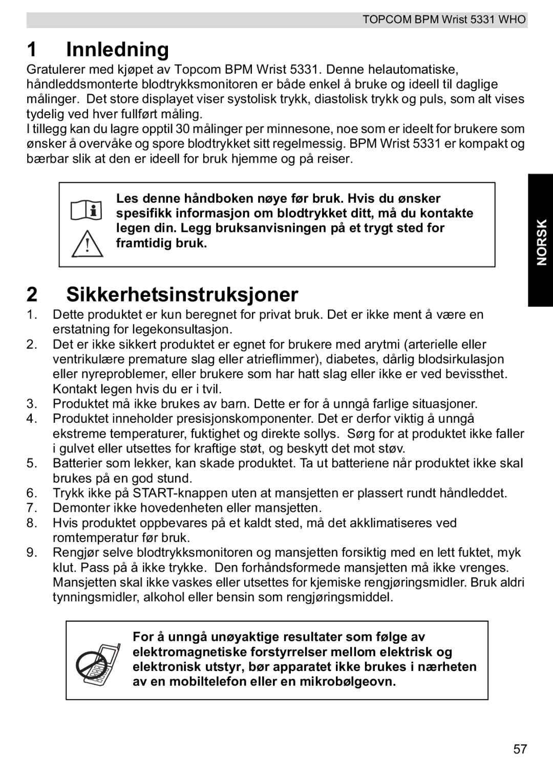 Topcom 5331 WHO manual Innledning, Sikkerhetsinstruksjoner 