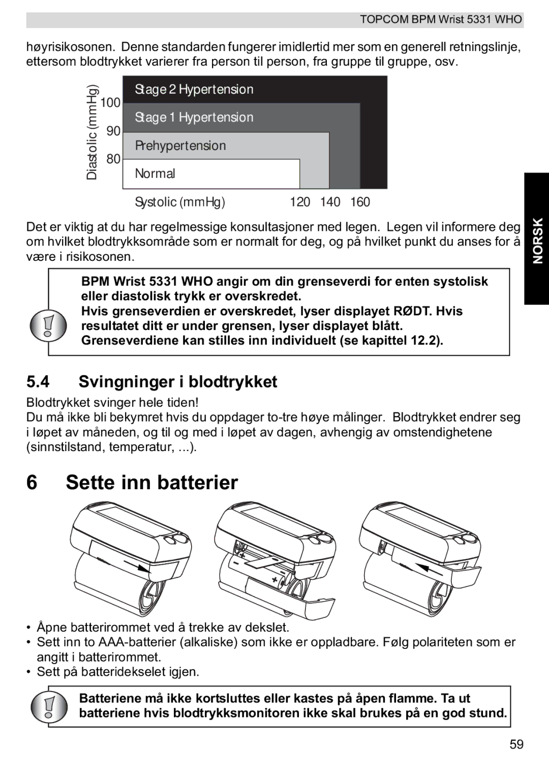 Topcom 5331 WHO manual Sette inn batterier, Svingninger i blodtrykket 