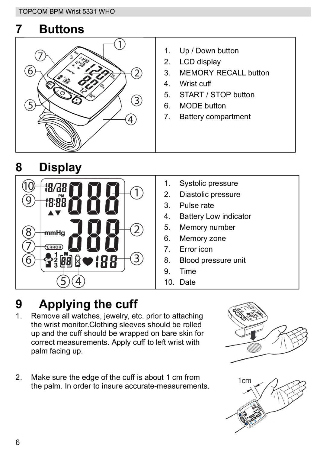 Topcom 5331 WHO manual Buttons, Display, Applying the cuff 