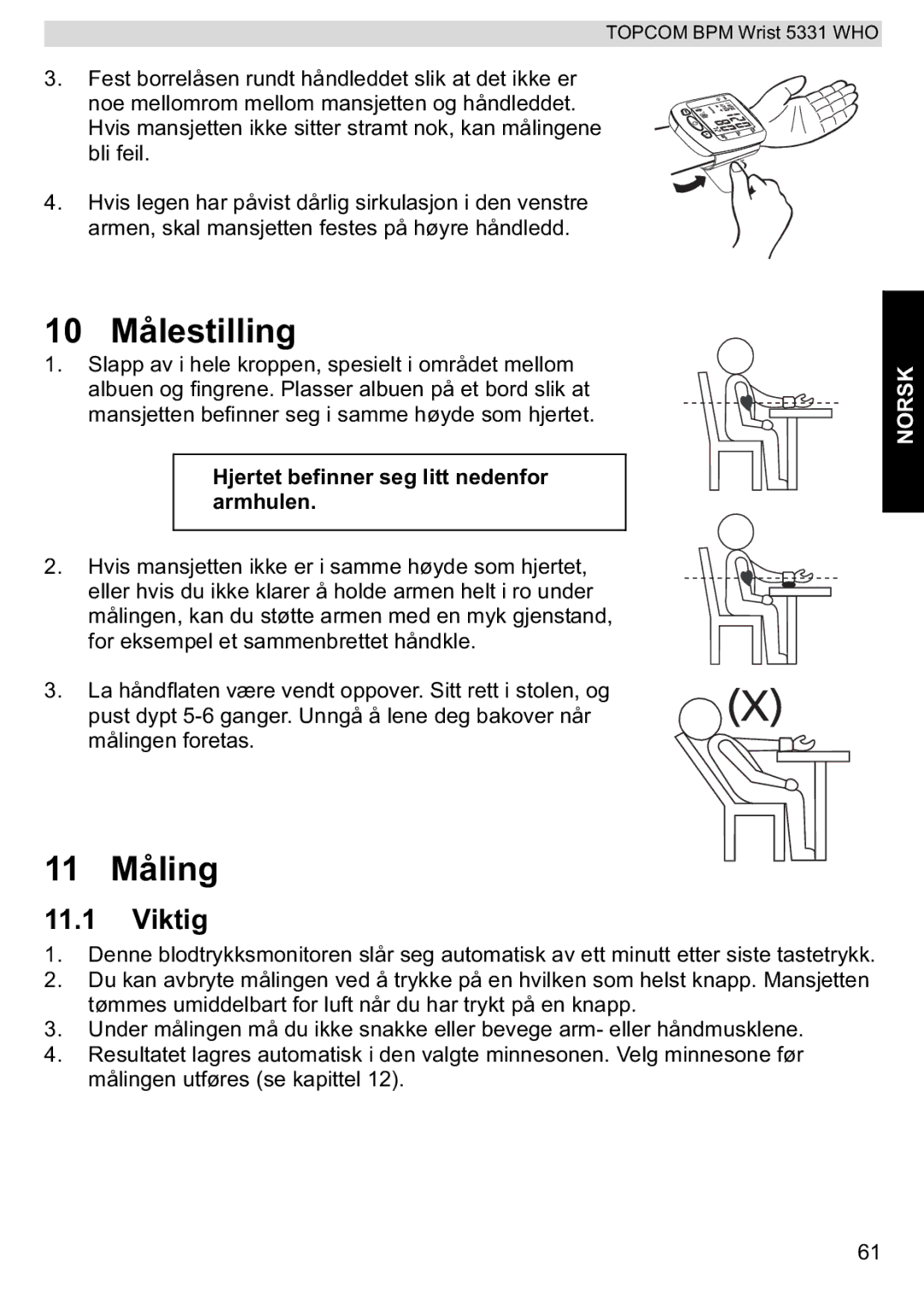 Topcom 5331 WHO manual 10 Målestilling, Viktig 