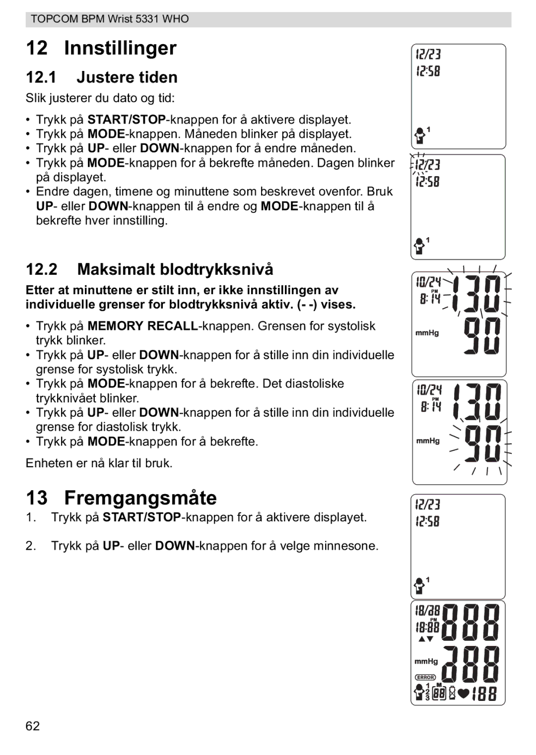 Topcom 5331 WHO manual Innstillinger, Fremgangsmåte, Justere tiden, Maksimalt blodtrykksnivå 