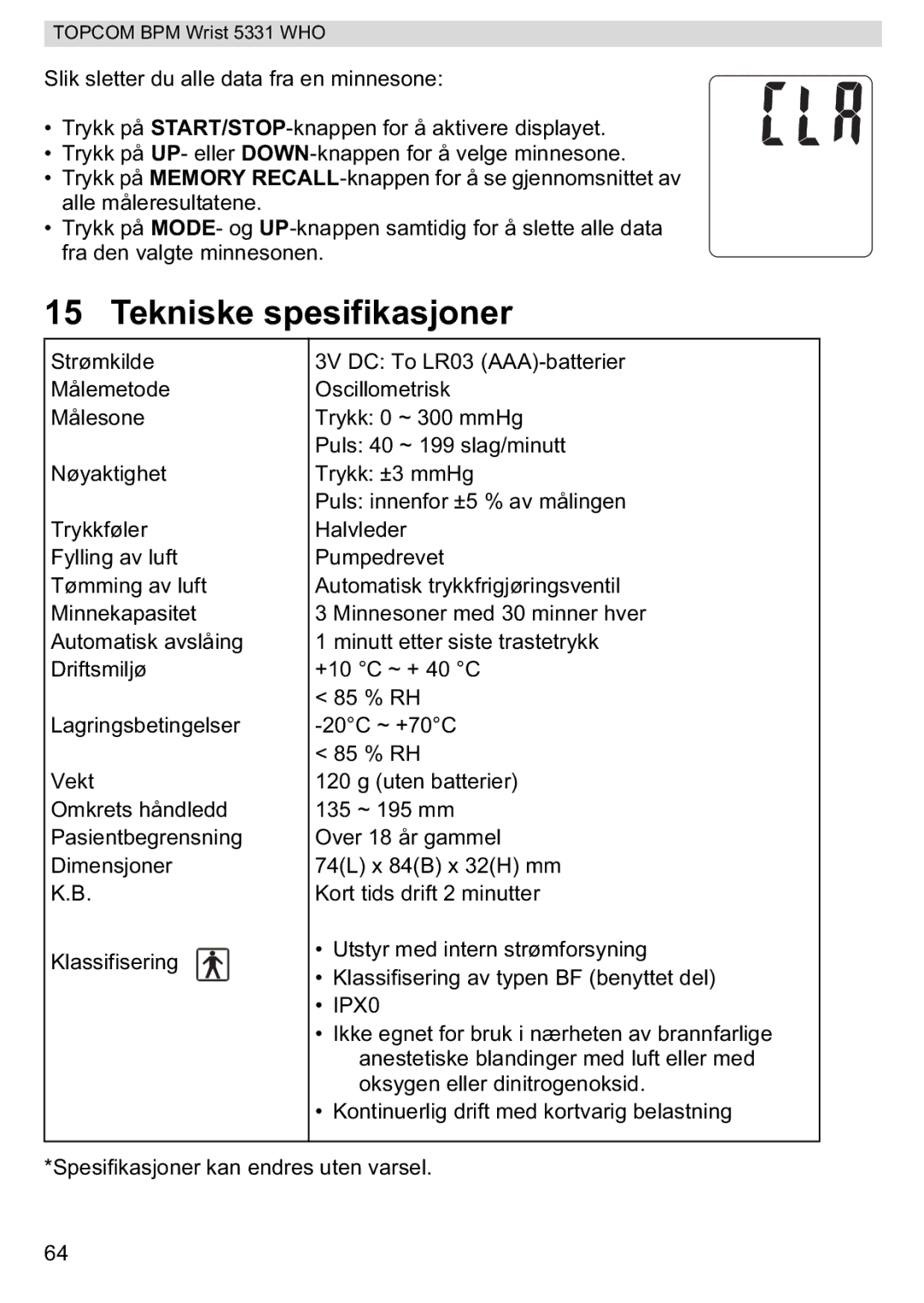 Topcom 5331 WHO manual Tekniske spesifikasjoner 