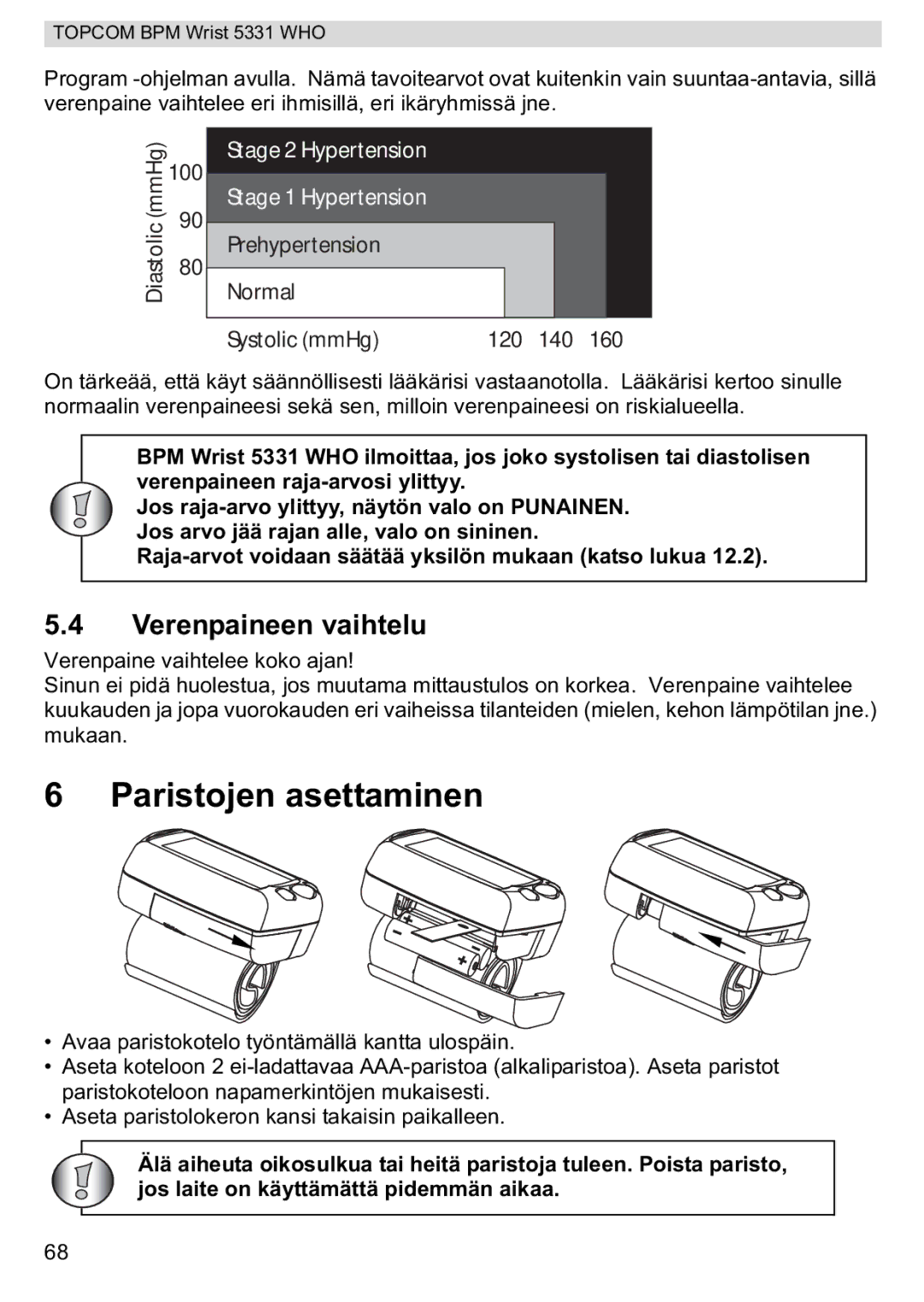 Topcom 5331 WHO manual Paristojen asettaminen, Verenpaineen vaihtelu 