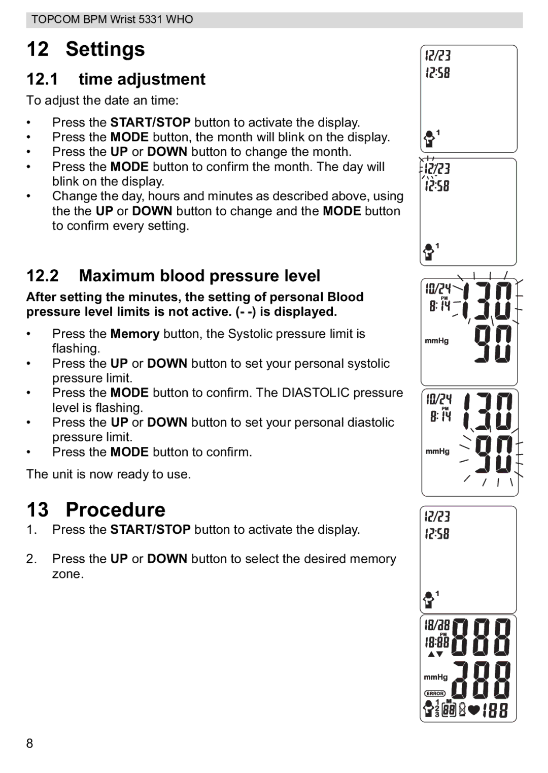 Topcom 5331 WHO manual Settings, Procedure, Time adjustment, Maximum blood pressure level 