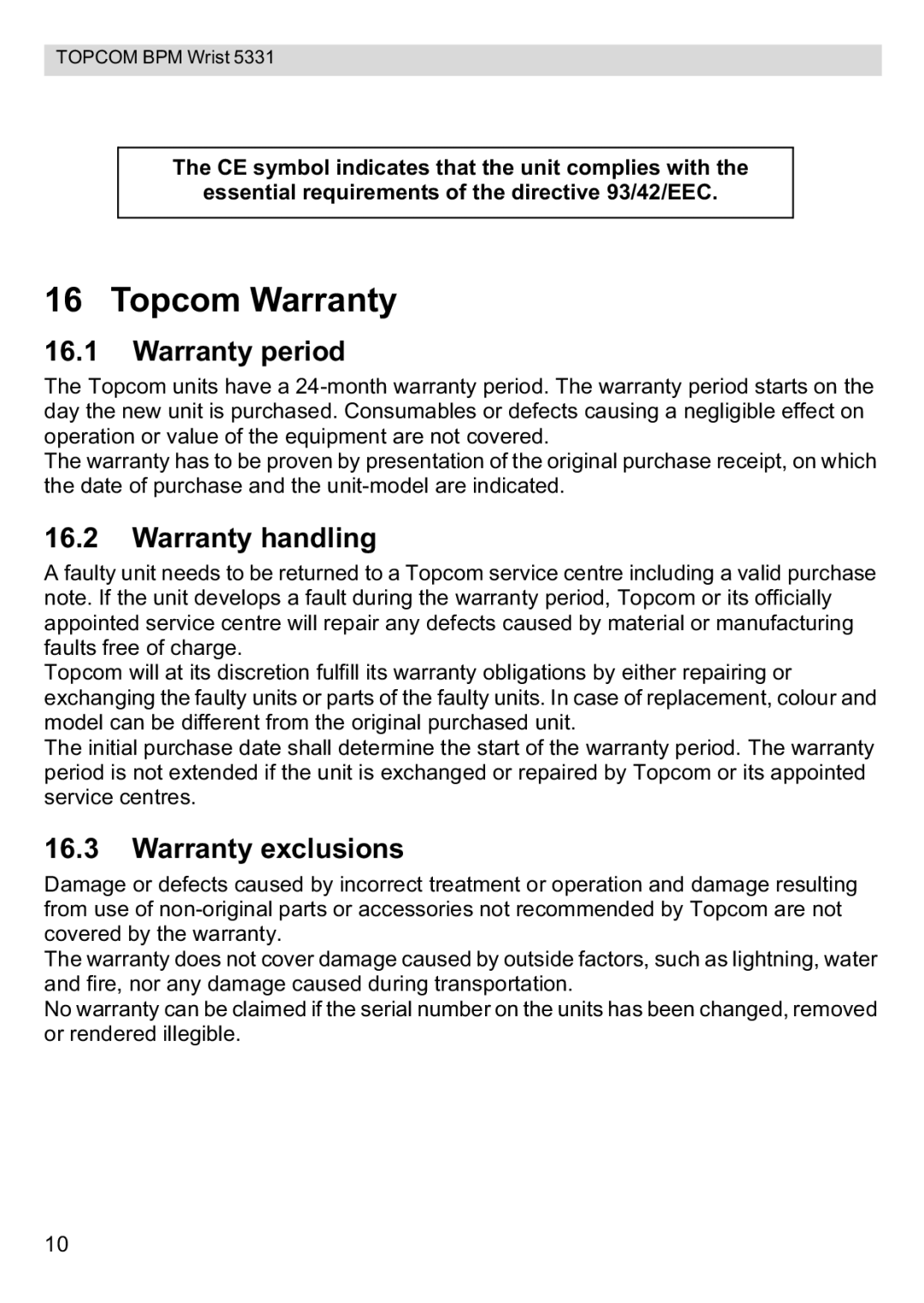 Topcom 5331 manual Topcom Warranty, Warranty period, Warranty handling, Warranty exclusions 