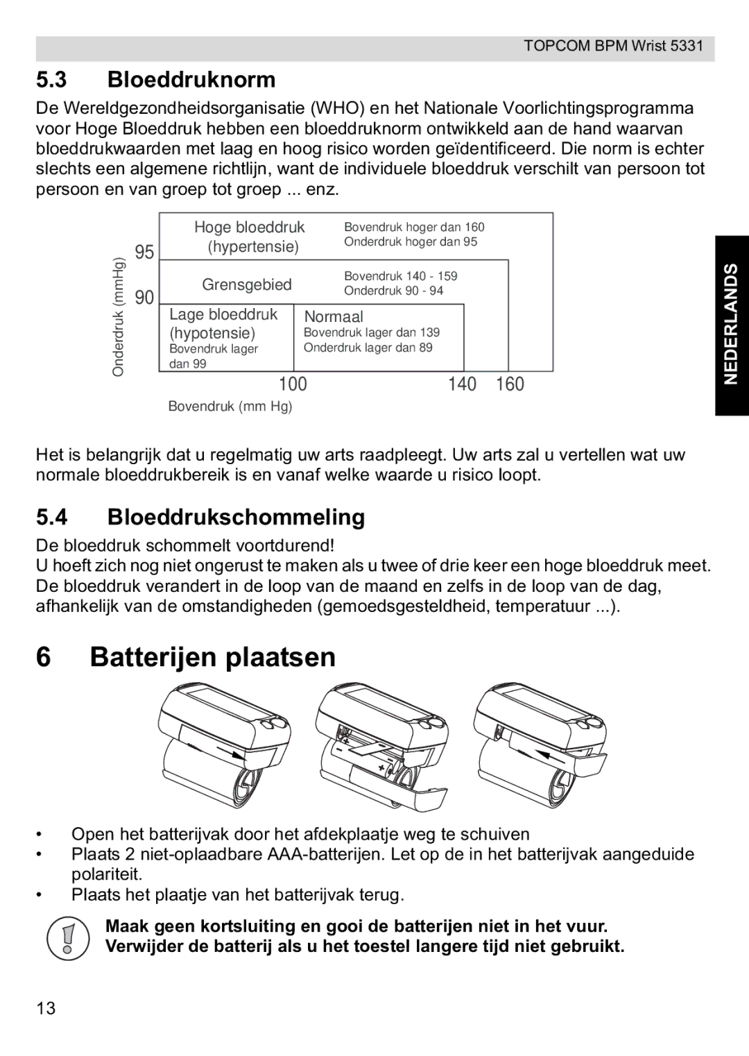 Topcom 5331 manual Batterijen plaatsen, Bloeddruknorm, Bloeddrukschommeling 