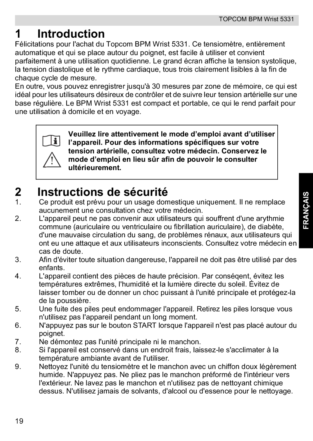 Topcom 5331 manual Instructions de sécurité, Français 