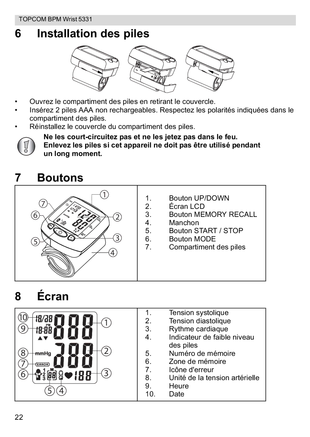 Topcom 5331 manual Installation des piles, Boutons, Écran 