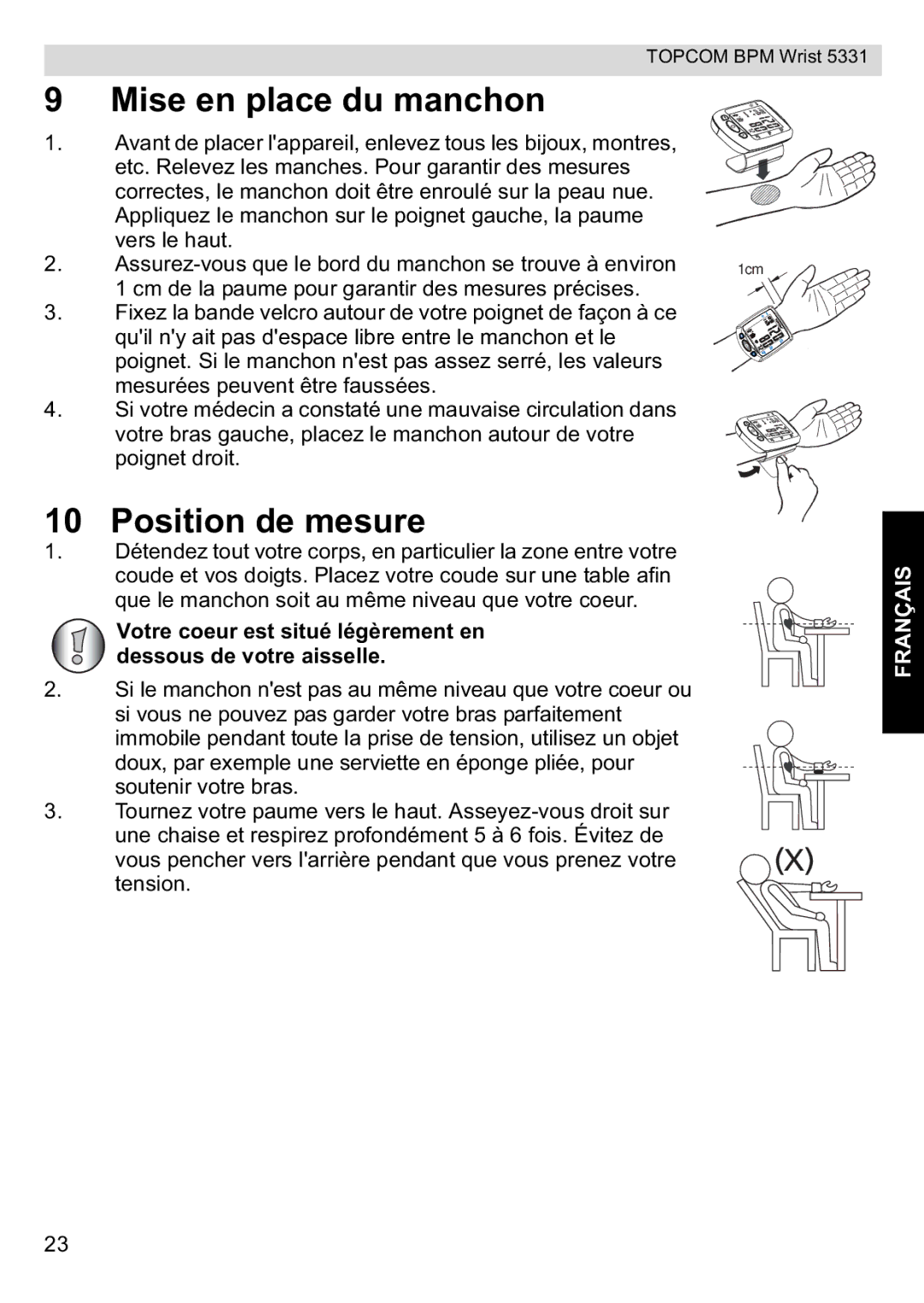 Topcom 5331 manual Mise en place du manchon, Position de mesure 