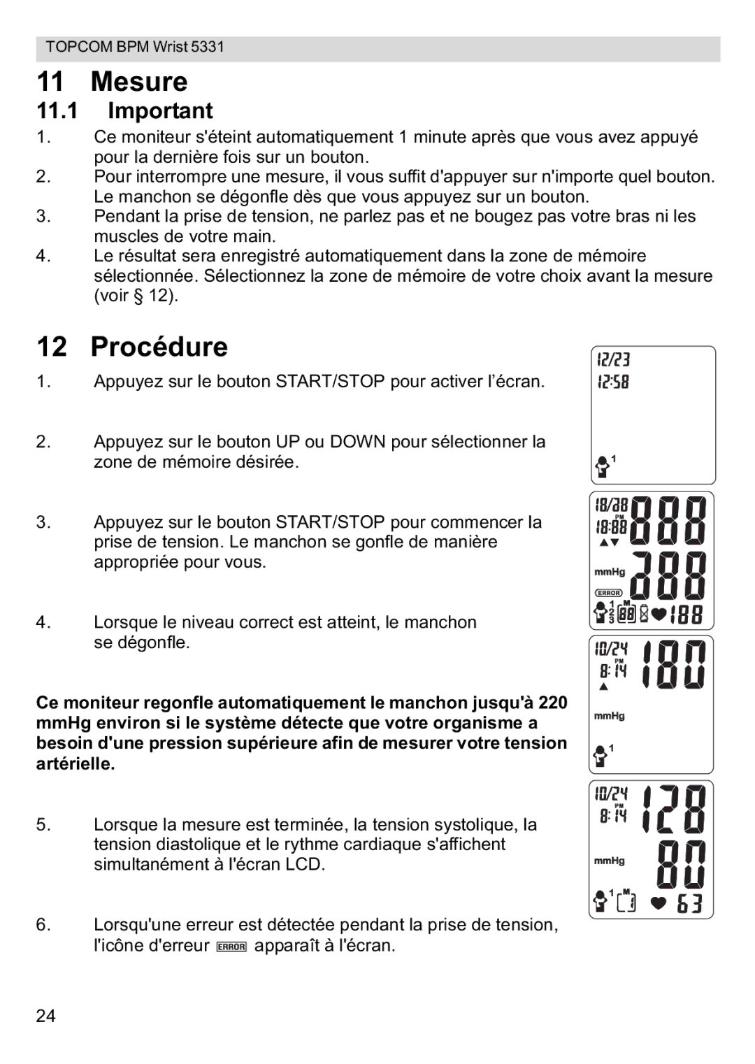 Topcom 5331 manual Mesure, Procédure 