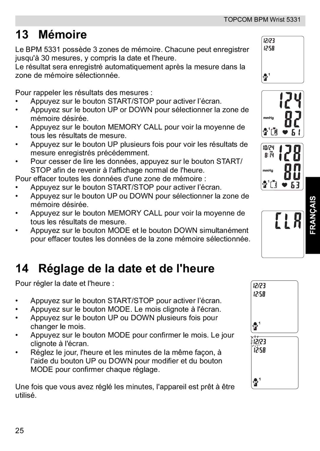 Topcom 5331 manual 13 Mémoire, 14 Réglage de la date et de lheure 