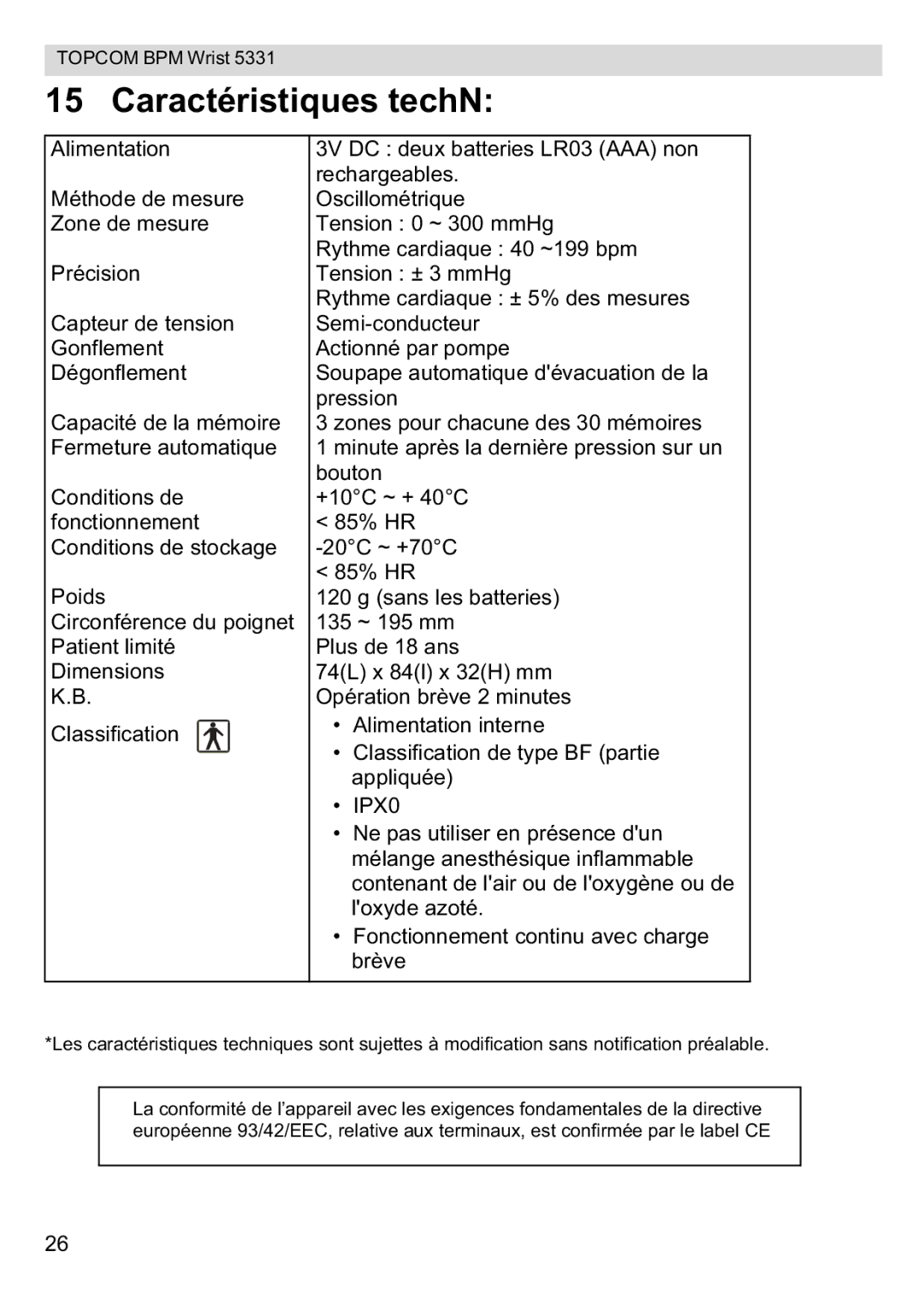 Topcom 5331 manual Caractéristiques techN 