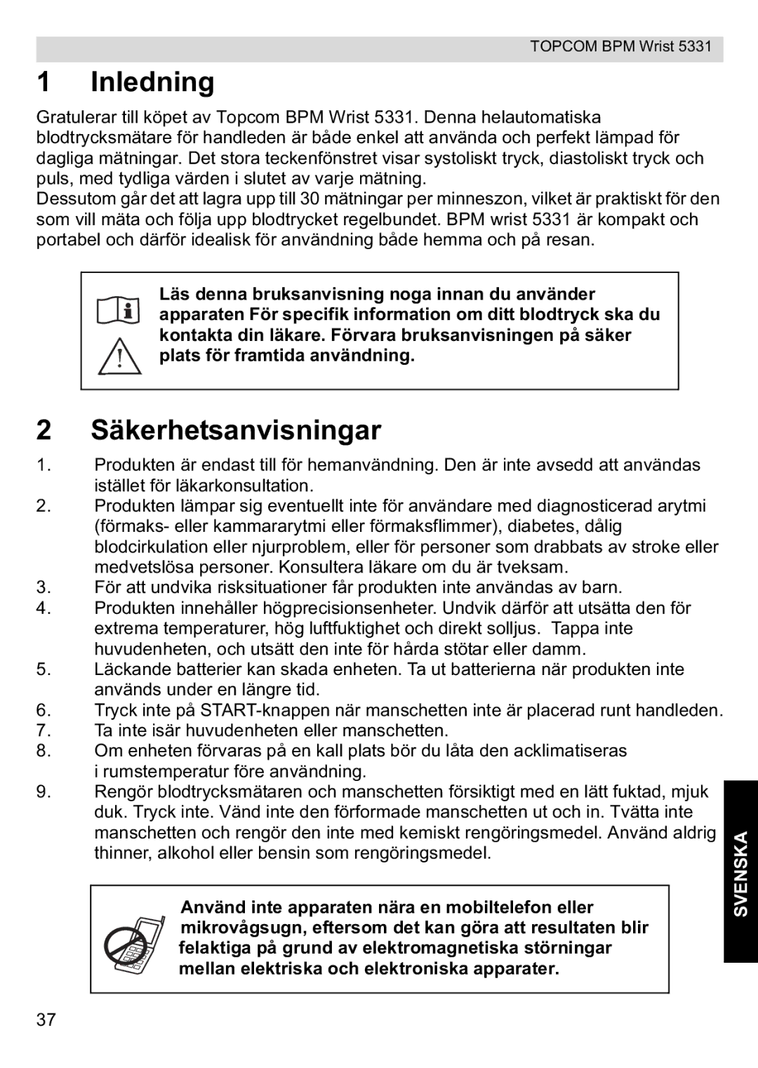 Topcom 5331 manual Inledning, Säkerhetsanvisningar 