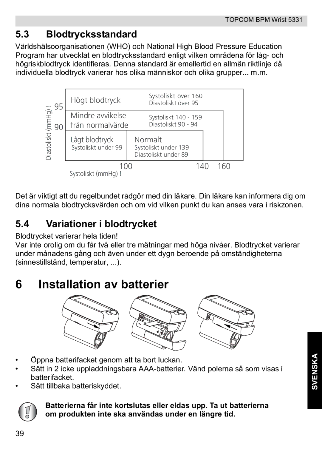 Topcom 5331 manual Installation av batterier, Blodtrycksstandard, Variationer i blodtrycket 