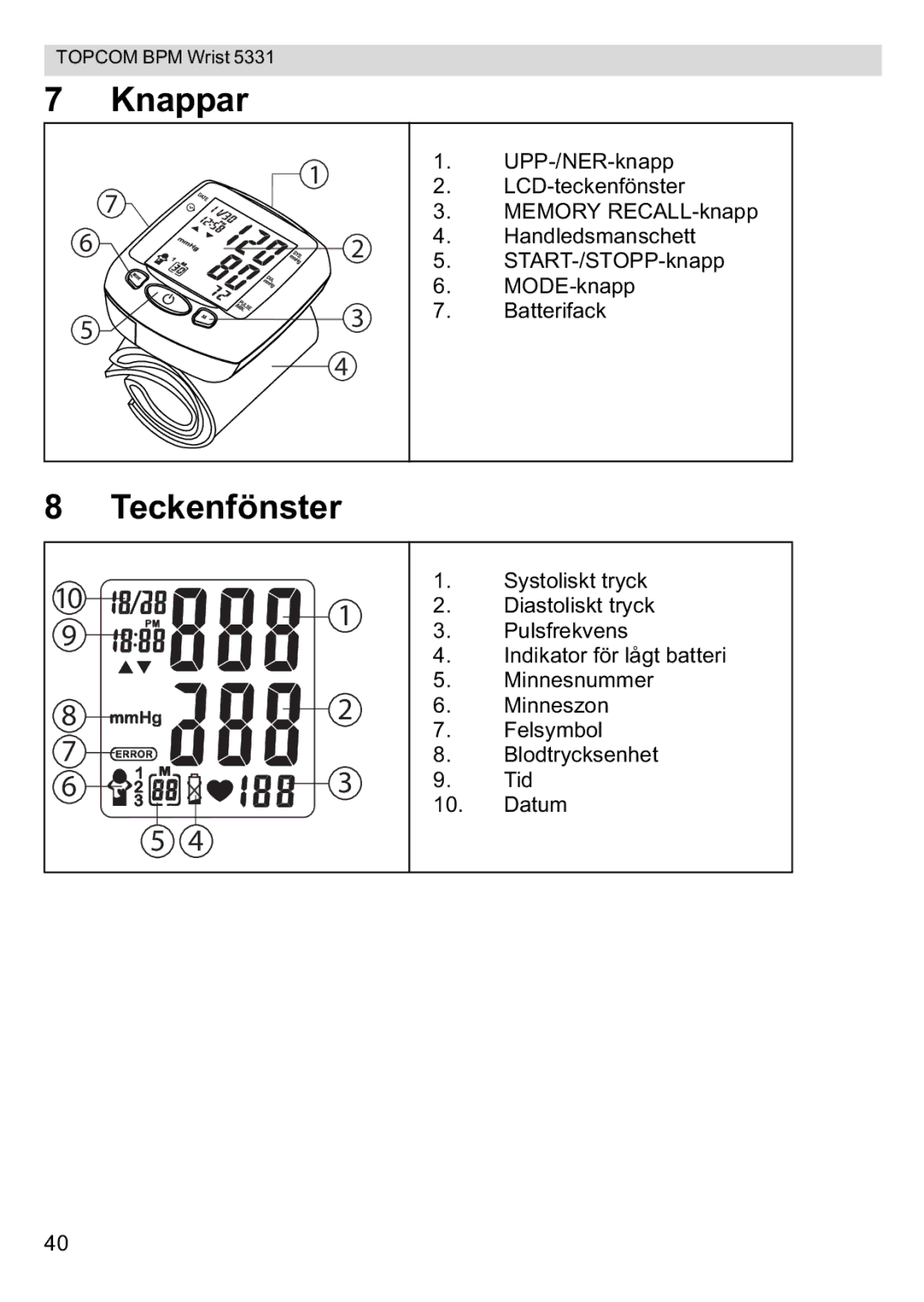 Topcom 5331 manual Knappar, Teckenfönster 