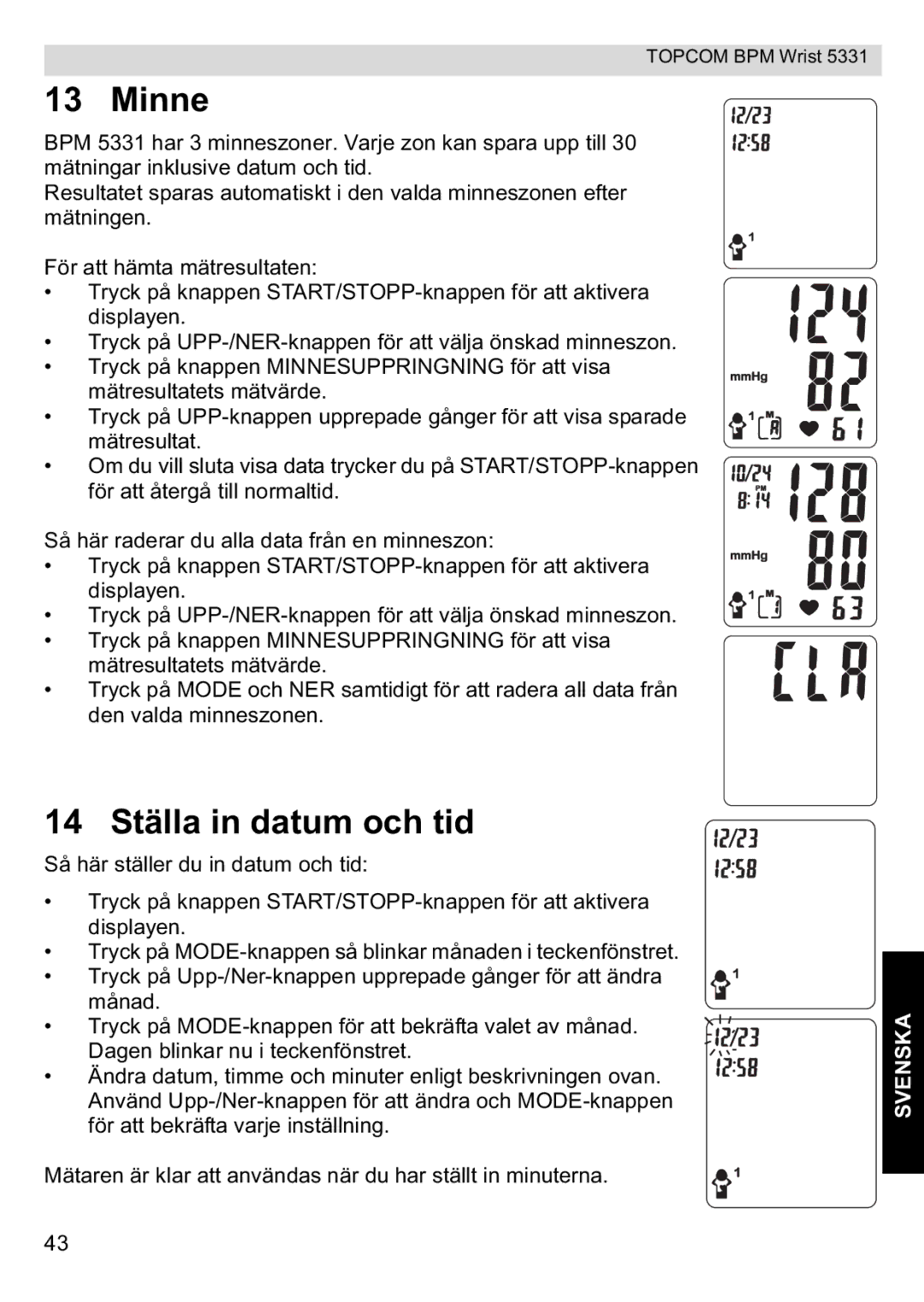 Topcom 5331 manual Minne, 14 Ställa in datum och tid 