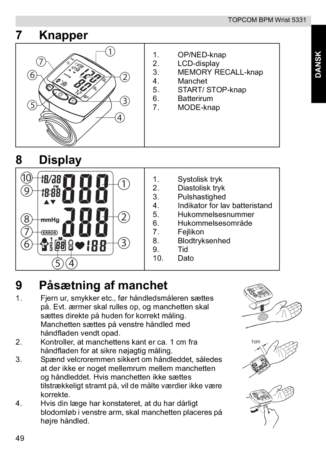 Topcom 5331 manual Knapper, Påsætning af manchet 