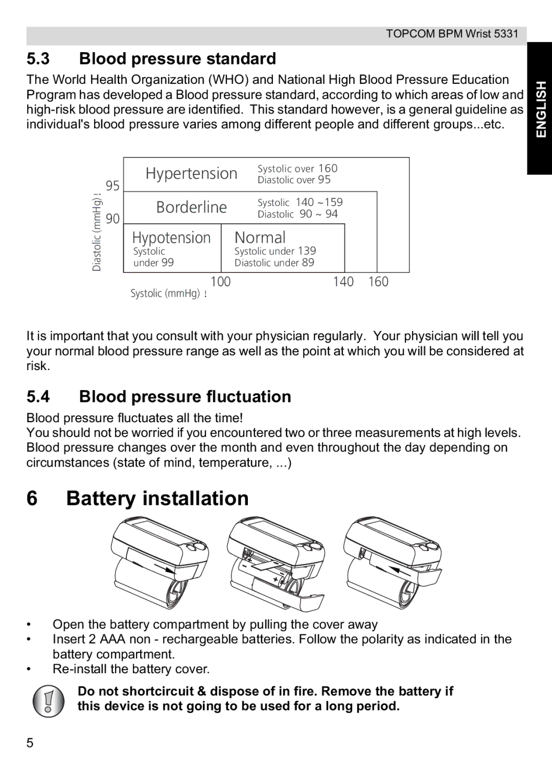 Topcom 5331 manual Battery installation, Blood pressure standard, Blood pressure fluctuation 