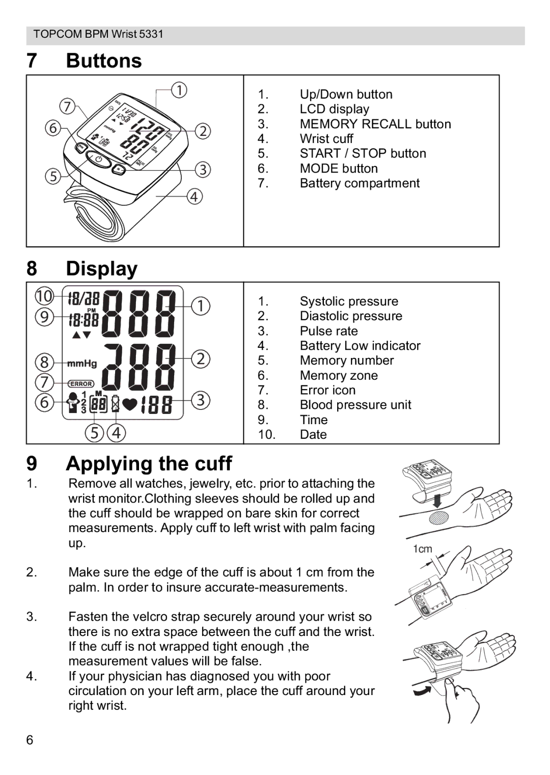 Topcom 5331 manual Buttons, Display, Applying the cuff 