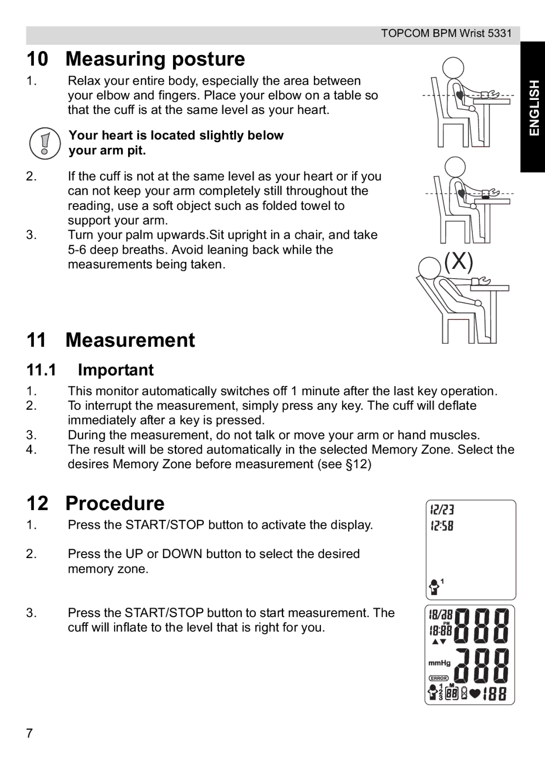 Topcom 5331 manual Measuring posture, Measurement, Procedure 