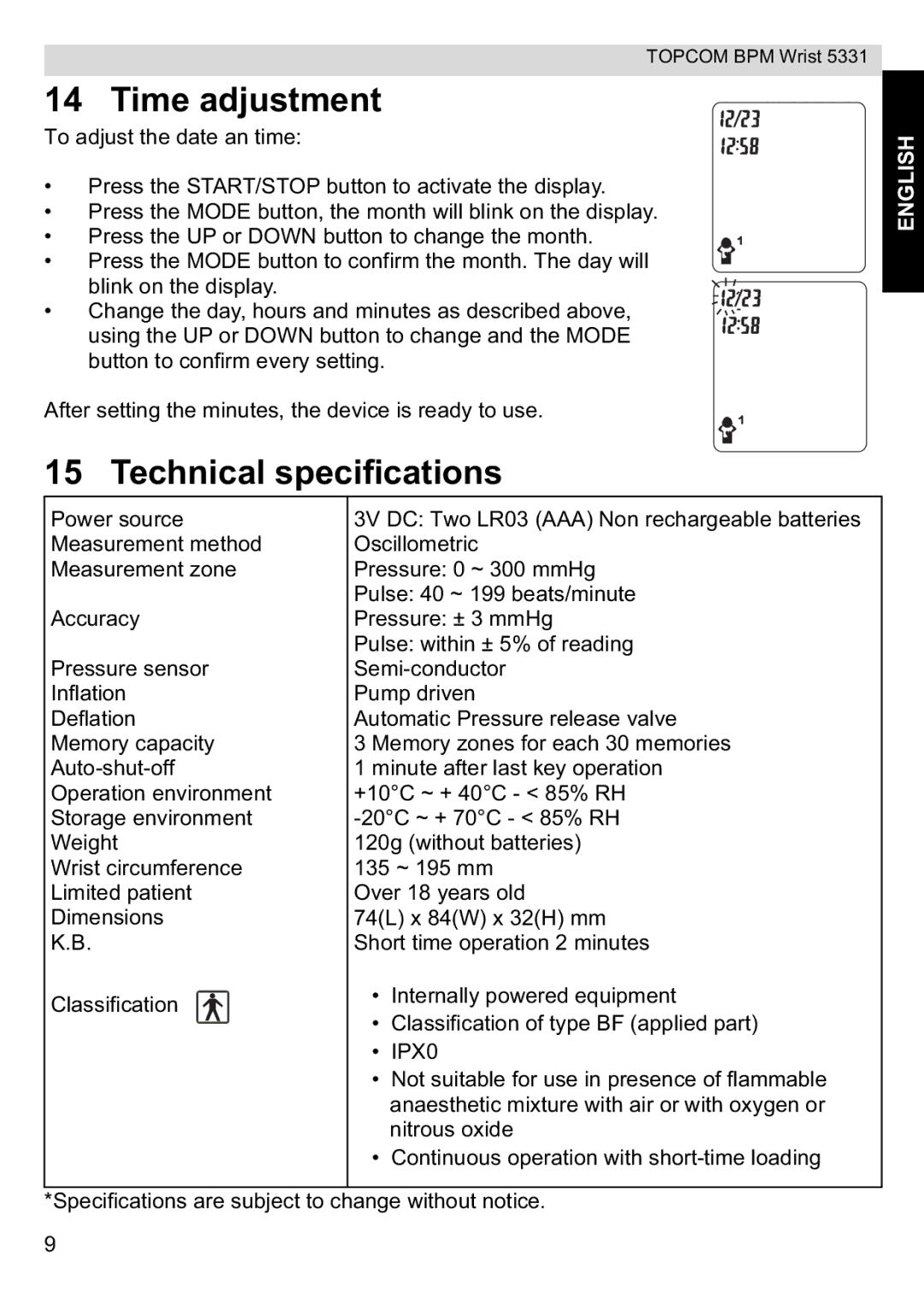 Topcom 5331 manual Time adjustment, Technical specifications 