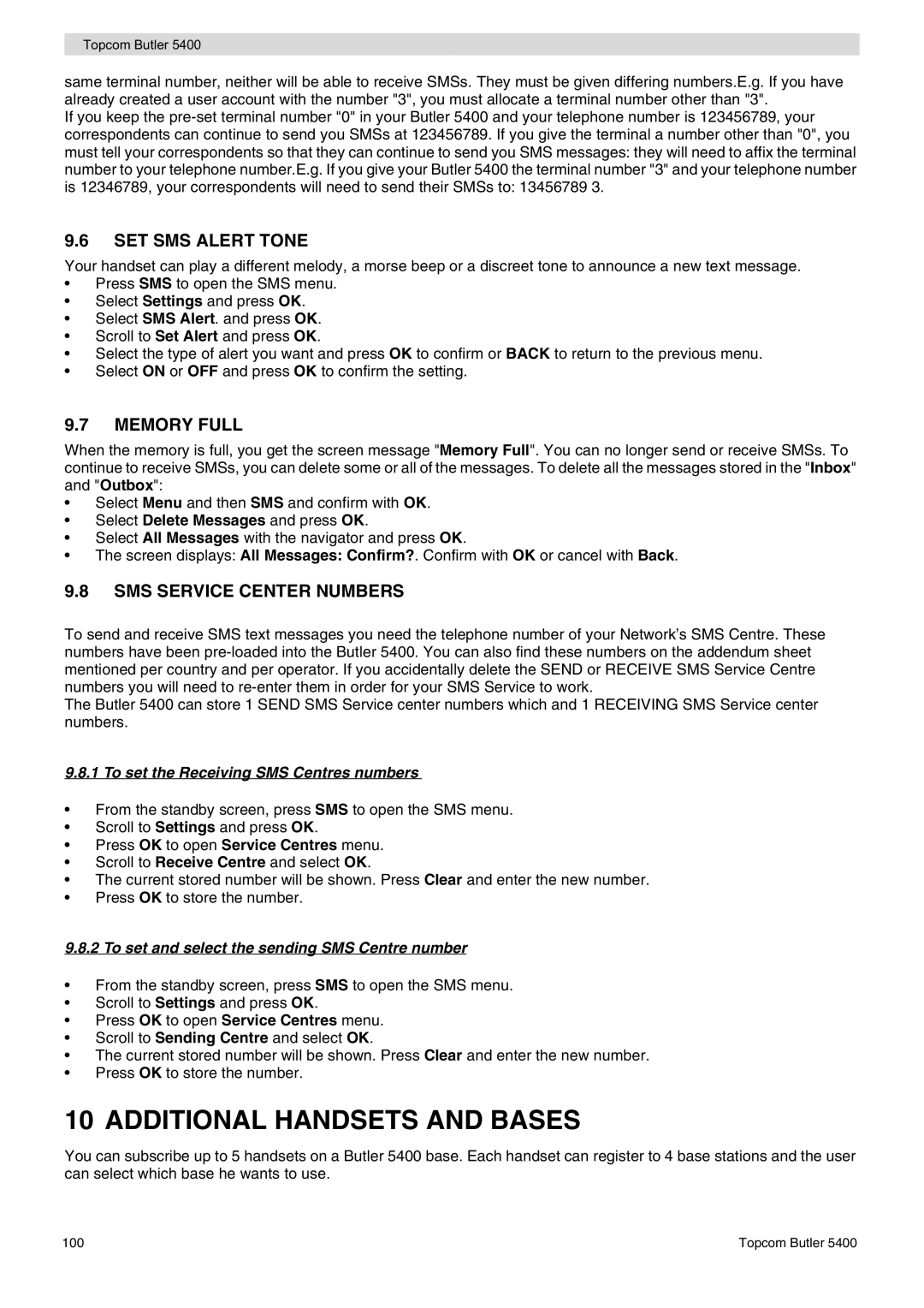 Topcom 5400 user manual Additional Handsets and Bases, SET SMS Alert Tone, Memory Full, SMS Service Center Numbers 