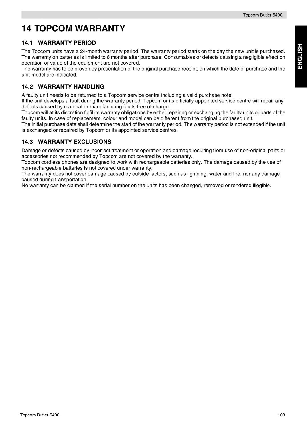 Topcom 5400 user manual Topcom Warranty, Warranty Period, Warranty Handling, Warranty Exclusions 