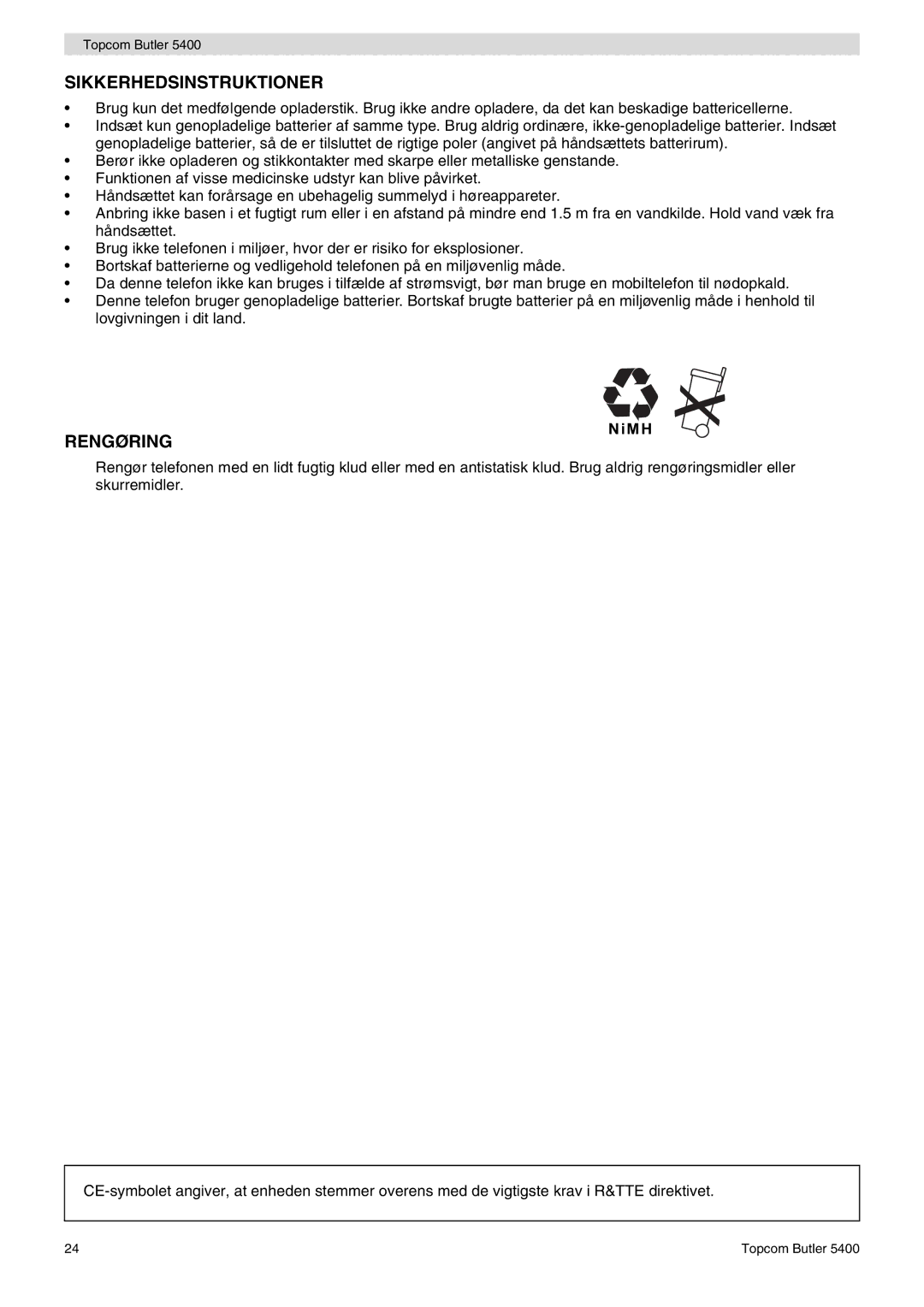 Topcom 5400 user manual Sikkerhedsinstruktioner, Rengøring 