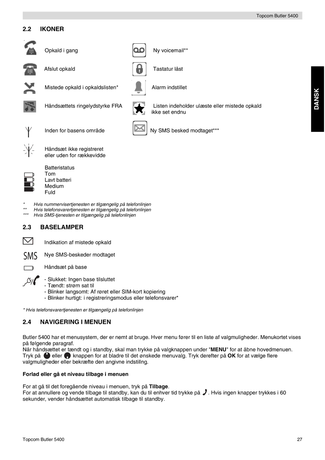 Topcom 5400 user manual Baselamper, Navigering I Menuen, Forlad eller gå et niveau tilbage i menuen 