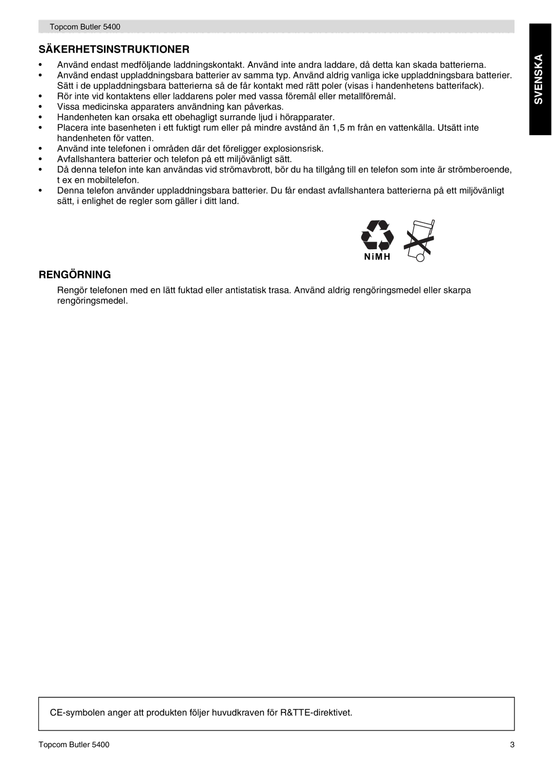 Topcom 5400 user manual Säkerhetsinstruktioner, Rengörning 