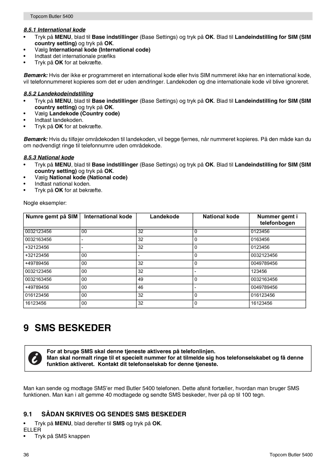 Topcom 5400 user manual Sådan Skrives OG Sendes SMS Beskeder, International kode, Landekodeindstilling, National kode 