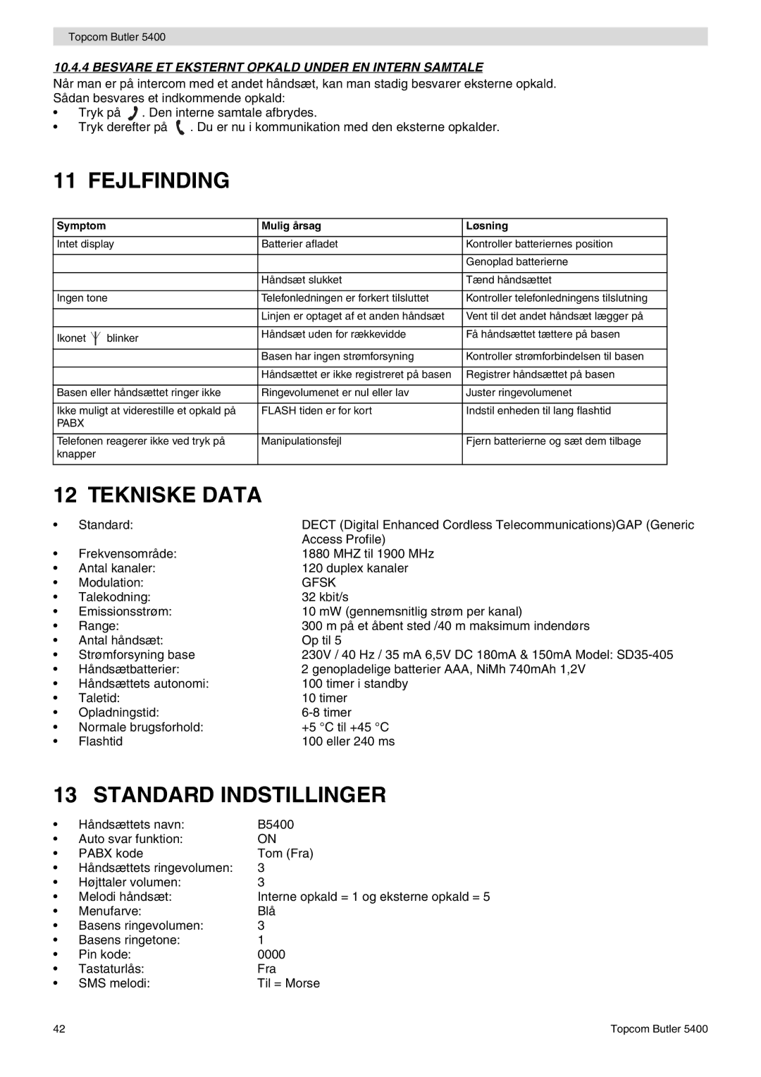 Topcom 5400 user manual Fejlfinding, Tekniske Data 