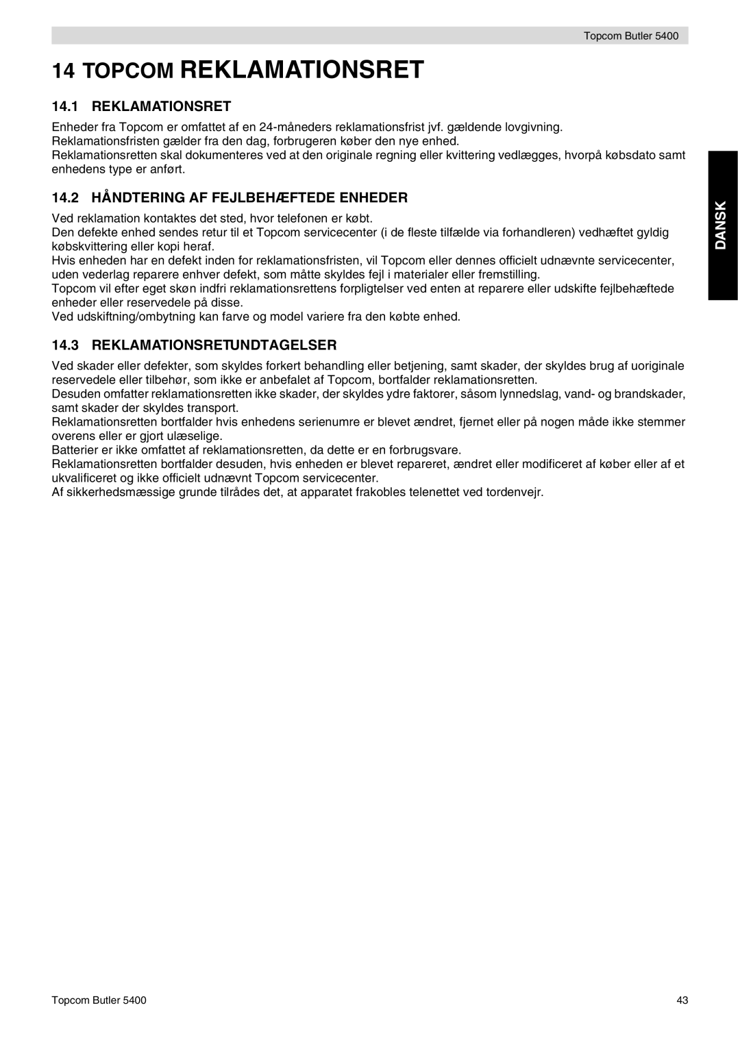 Topcom 5400 user manual 14.2 Håndtering AF Fejlbehæftede Enheder, Reklamationsretundtagelser 