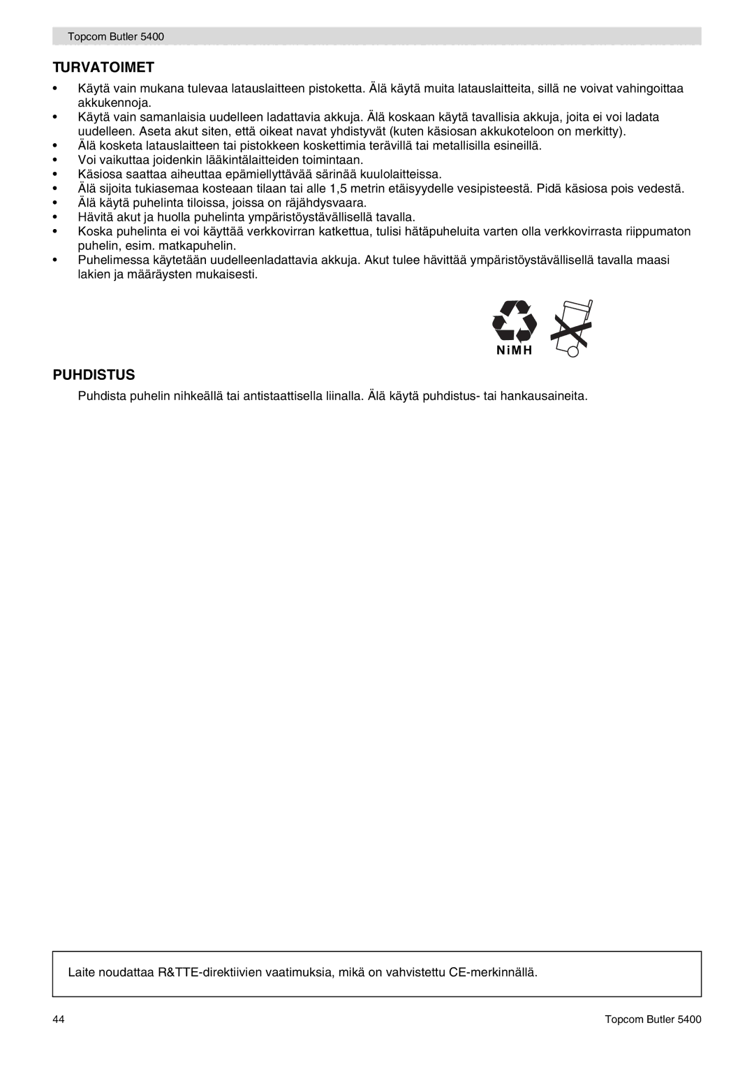 Topcom 5400 user manual Turvatoimet, Puhdistus 