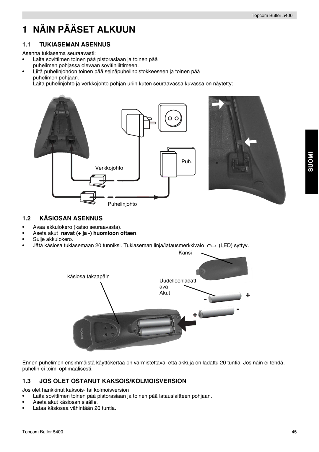 Topcom 5400 user manual Näin Pääset Alkuun, Tukiaseman Asennus, Käsiosan Asennus, JOS Olet Ostanut KAKSOIS/KOLMOISVERSION 