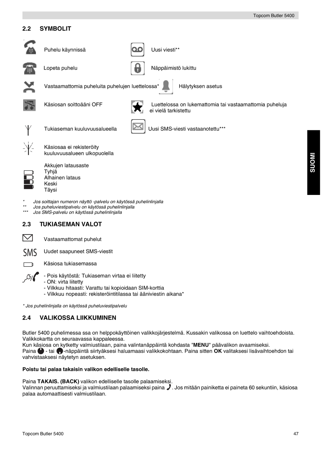 Topcom 5400 Symbolit, Tukiaseman Valot, Valikossa Liikkuminen, Poistu tai palaa takaisin valikon edelliselle tasolle 