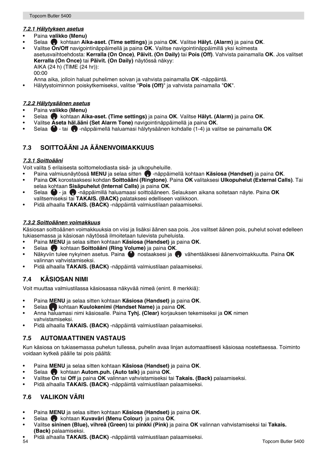 Topcom 5400 user manual Soittoääni JA Äänenvoimakkuus, Käsiosan Nimi, Automaattinen Vastaus, Valikon Väri 