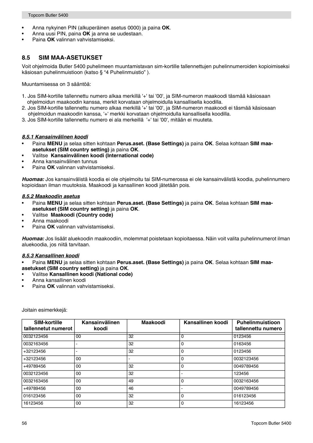 Topcom 5400 user manual Sim Maa-Asetukset, Kansainvälinen koodi, Maakoodin asetus, Kansallinen koodi 