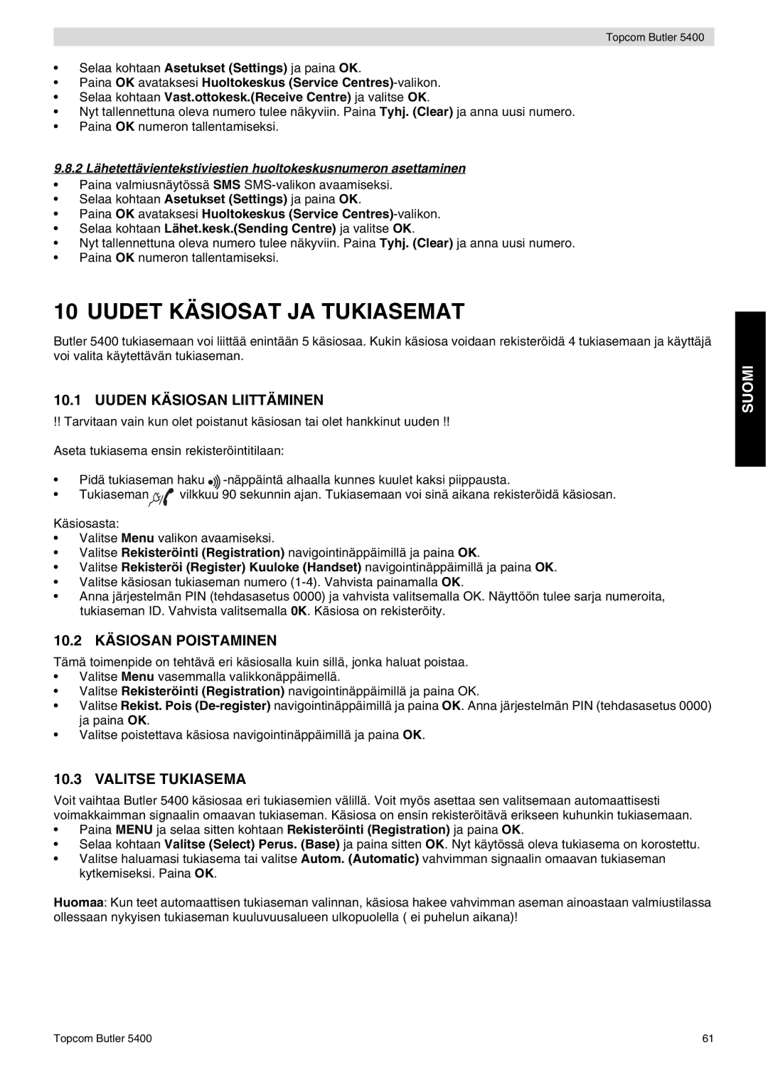 Topcom 5400 Uudet Käsiosat JA Tukiasemat, Uuden Käsiosan Liittäminen, 10.2 Käsiosan Poistaminen, Valitse Tukiasema 