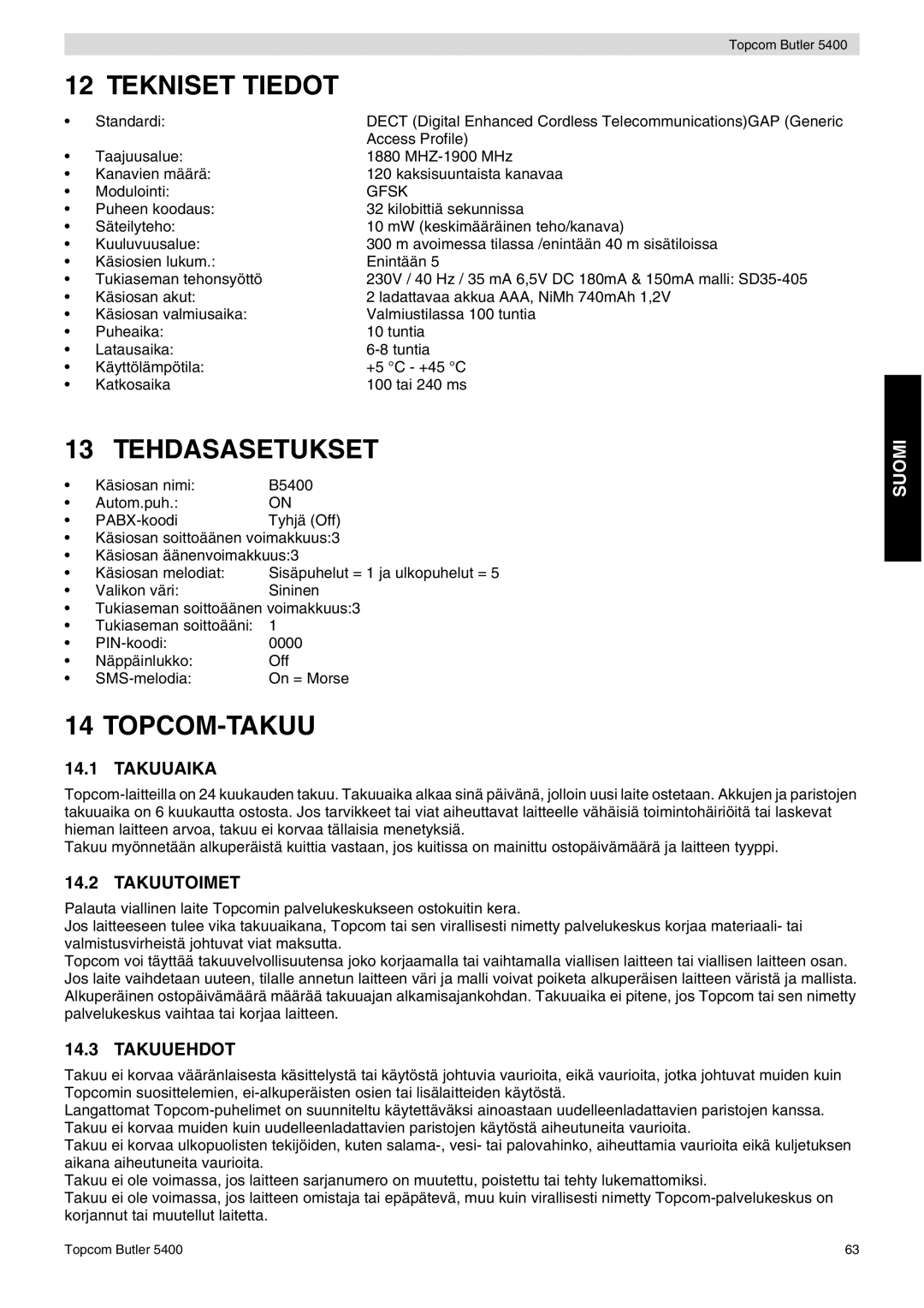 Topcom 5400 user manual Tekniset Tiedot, Tehdasasetukset, Topcom-Takuu 