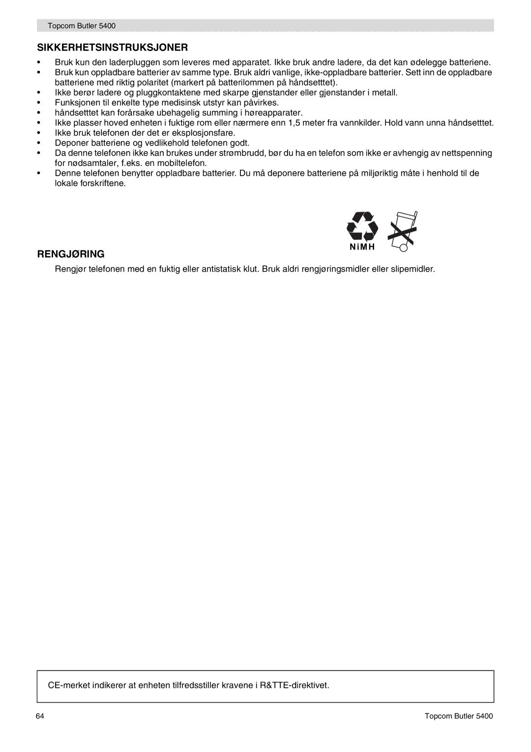 Topcom 5400 user manual Sikkerhetsinstruksjoner, Rengjøring 