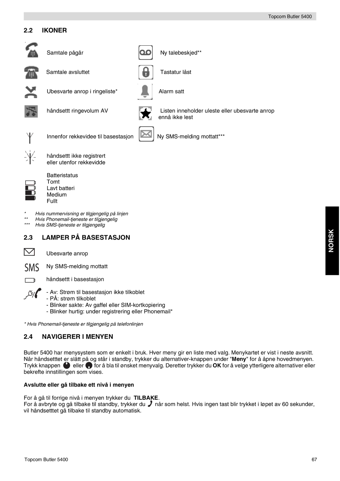 Topcom 5400 user manual Lamper PÅ Basestasjon, Navigerer I Menyen, Avslutte eller gå tilbake ett nivå i menyen 