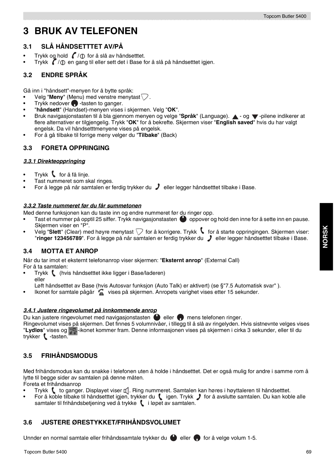 Topcom 5400 user manual Bruk AV Telefonen 