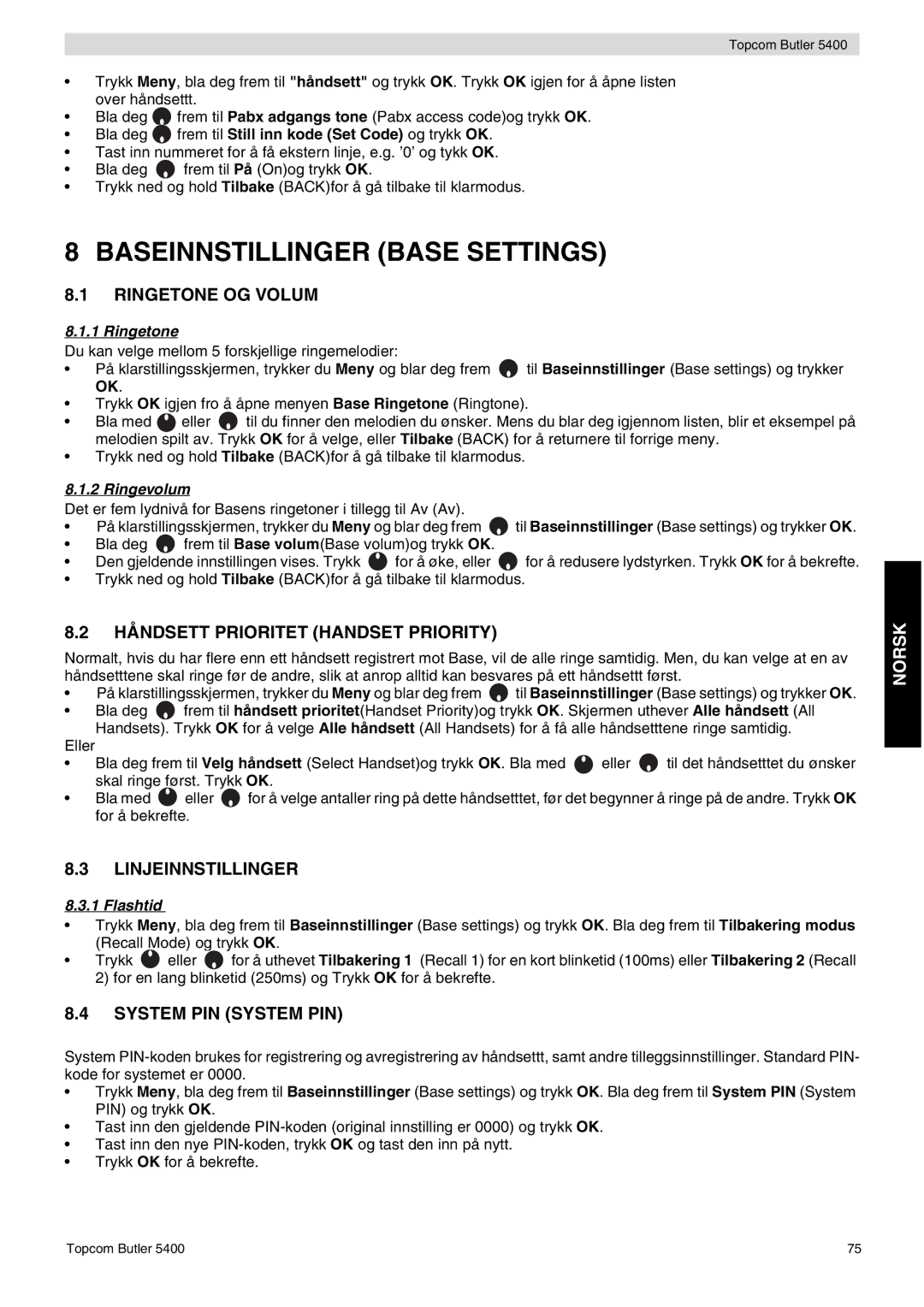 Topcom 5400 user manual Baseinnstillinger Base Settings, Håndsett Prioritet Handset Priority, Linjeinnstillinger, Flashtid 