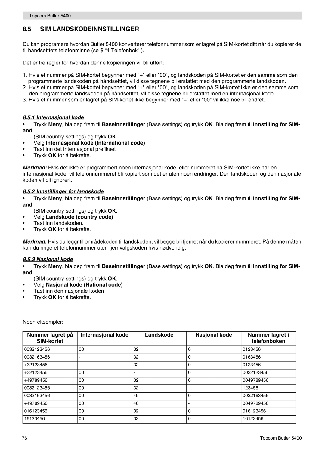 Topcom 5400 user manual SIM Landskodeinnstillinger, Internasjonal kode, Innstillinger for landskode, Nasjonal kode 