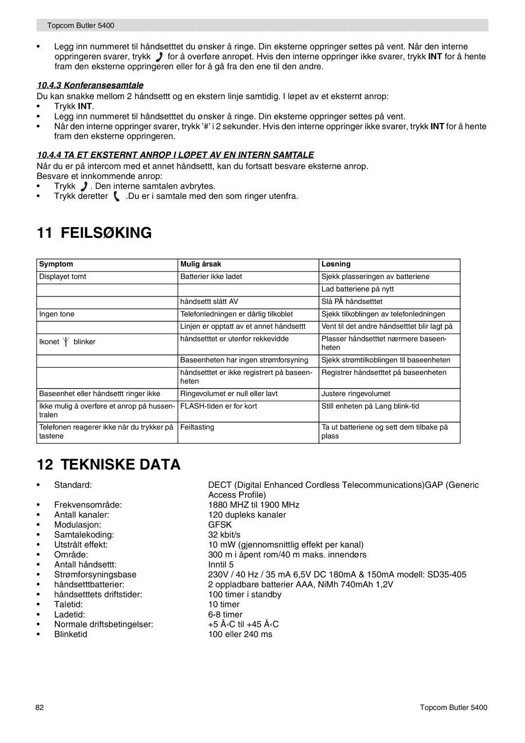 Topcom 5400 user manual Feilsøking, Konferansesamtale 