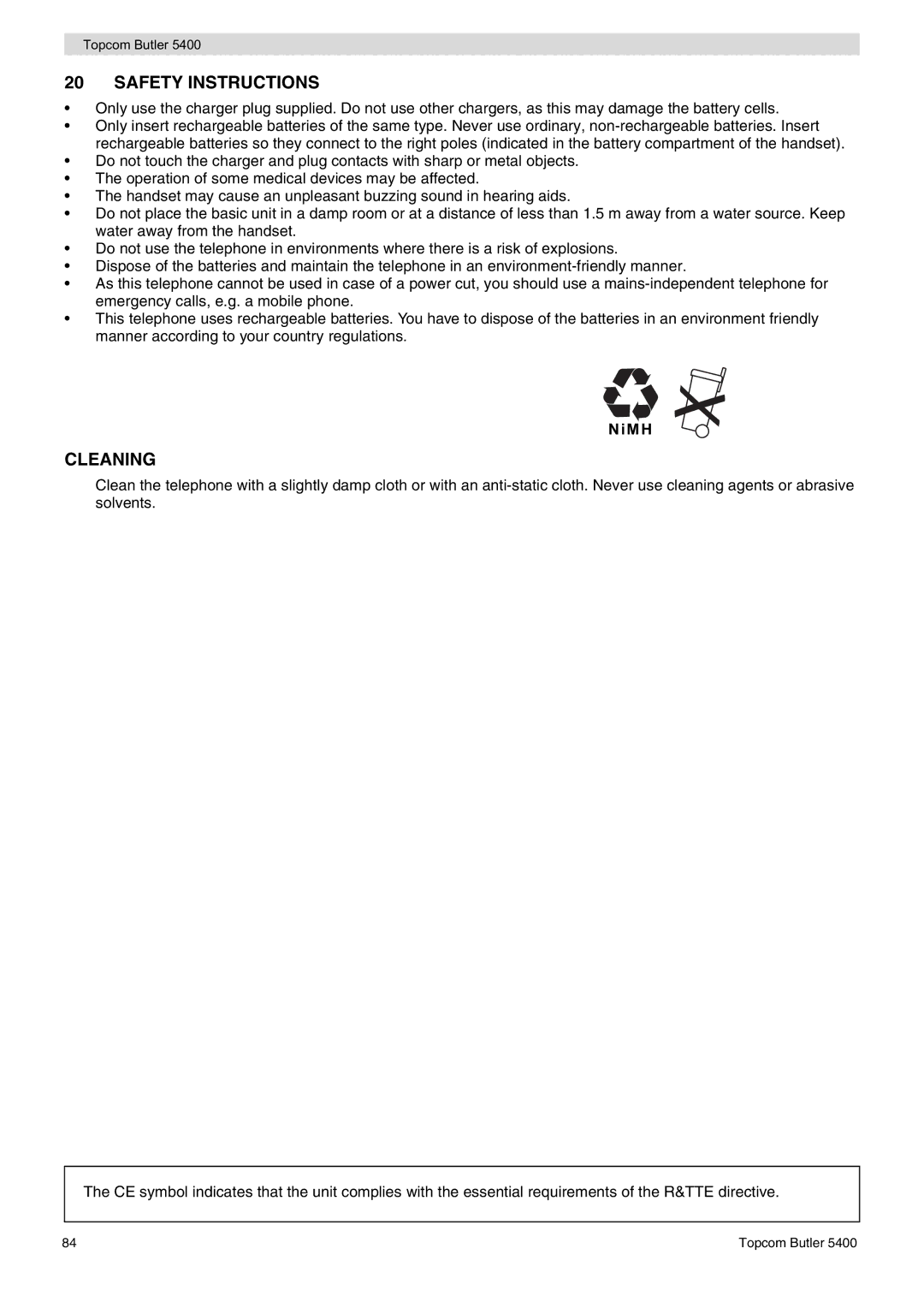 Topcom 5400 user manual Safety Instructions, Cleaning 